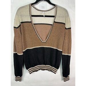 Free People Gold‎ Dust Pullover Boho Sweater Sz L ColorBlock Shimmer Deep VNeck